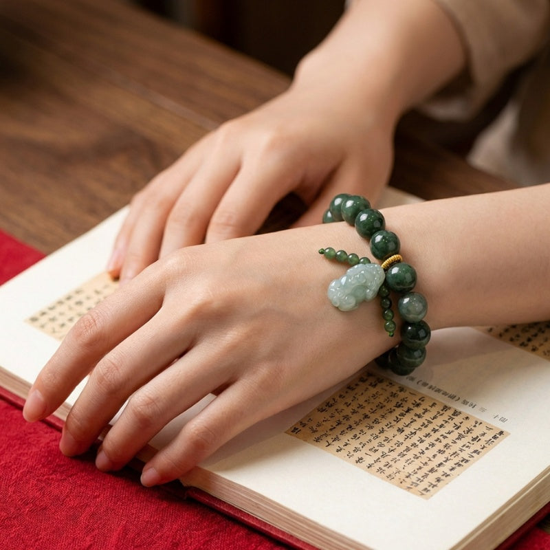 Buddha & Karma Green Jade Bracelet with Pixiu - Invite Wealth & Calming Energies - Buddha & Karma