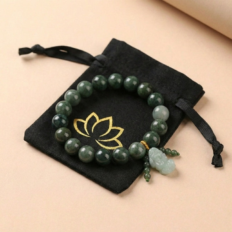 Buddha & Karma Green Jade Bracelet with Pixiu - Invite Wealth & Calming Energies - Buddha & Karma