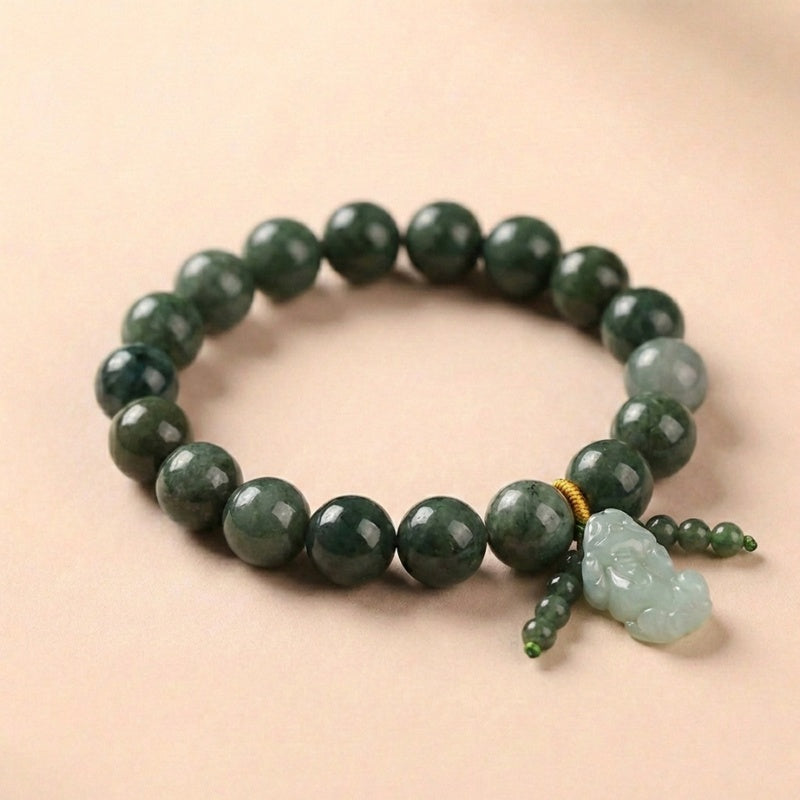 Buddha & Karma Green Jade Bracelet with Pixiu - Invite Wealth & Calming Energies - Buddha & Karma