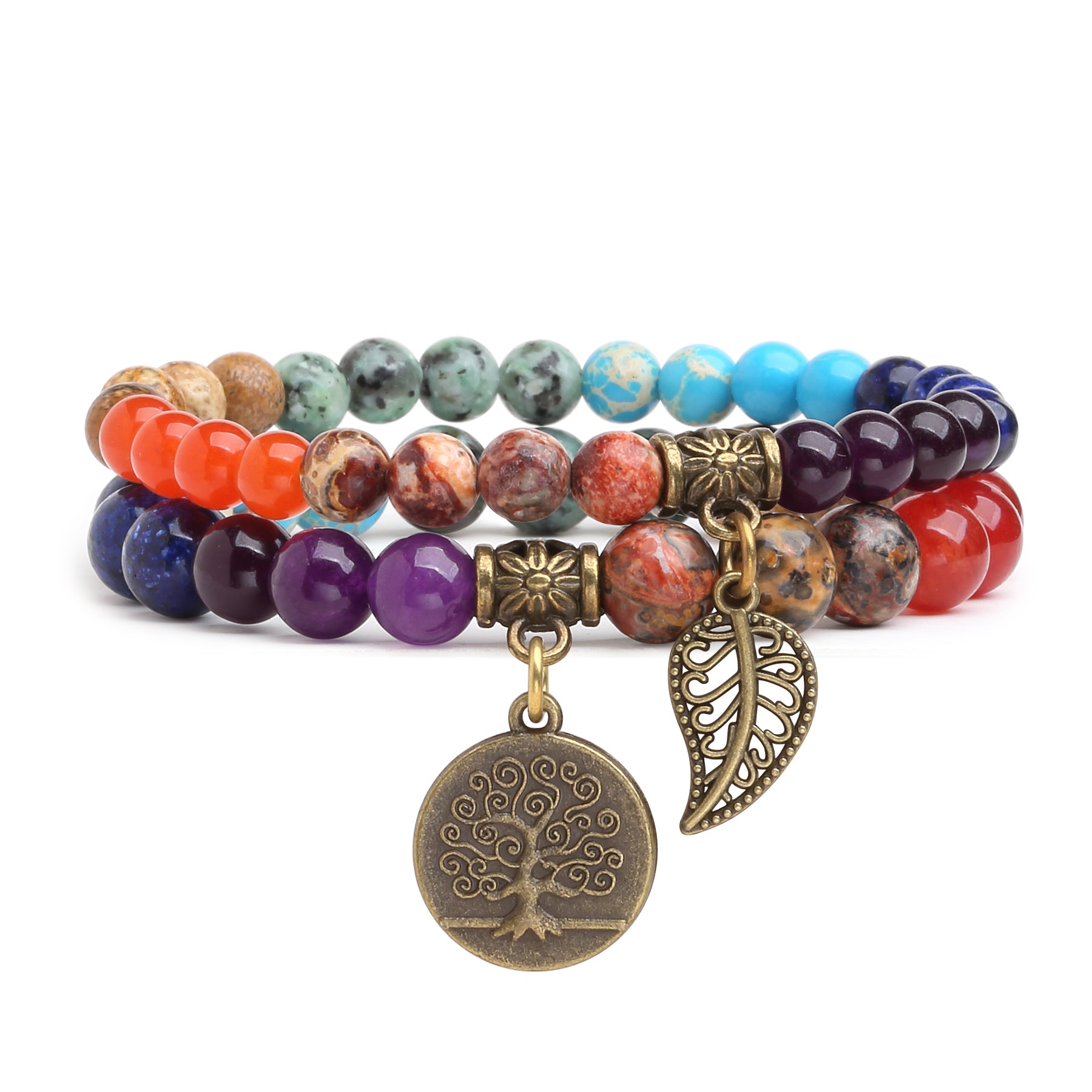 Double-Layered Chakra Beads - Leaf & Tree of Life Charm Bracelet - Buddha & Karma