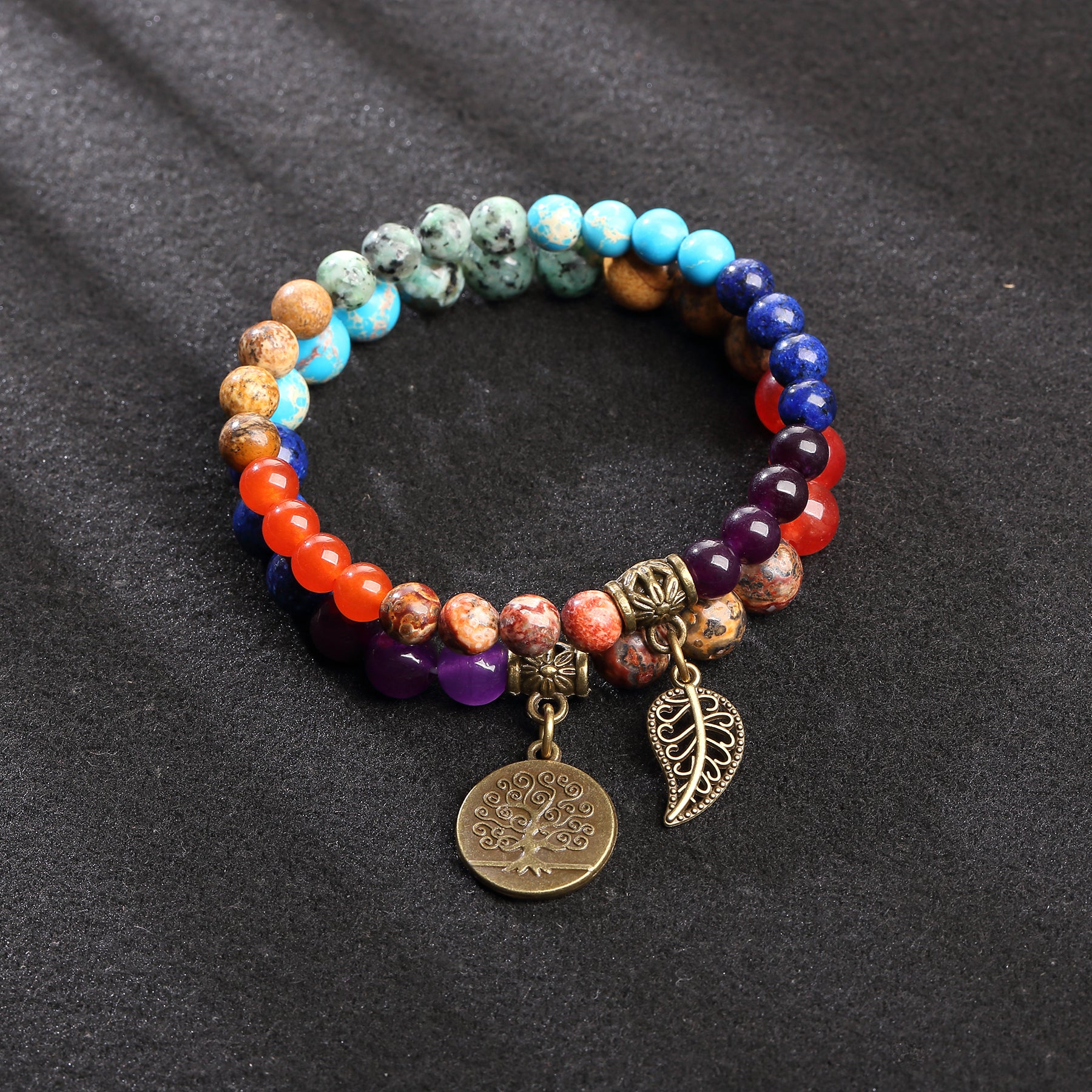 Double-Layered Chakra Beads - Leaf & Tree of Life Charm Bracelet - Buddha & Karma