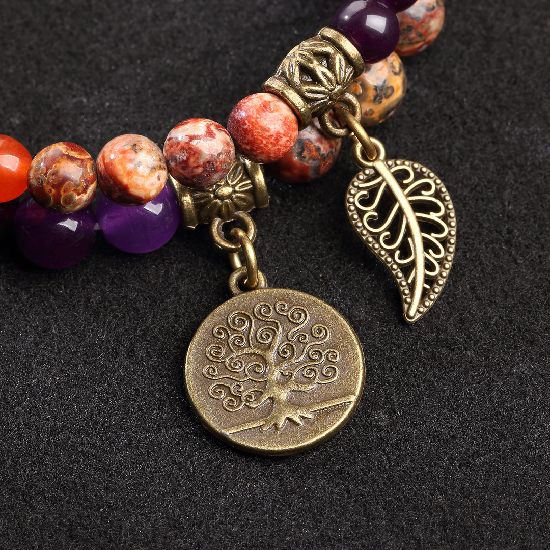 Double-Layered Chakra Beads - Leaf & Tree of Life Charm Bracelet - Buddha & Karma