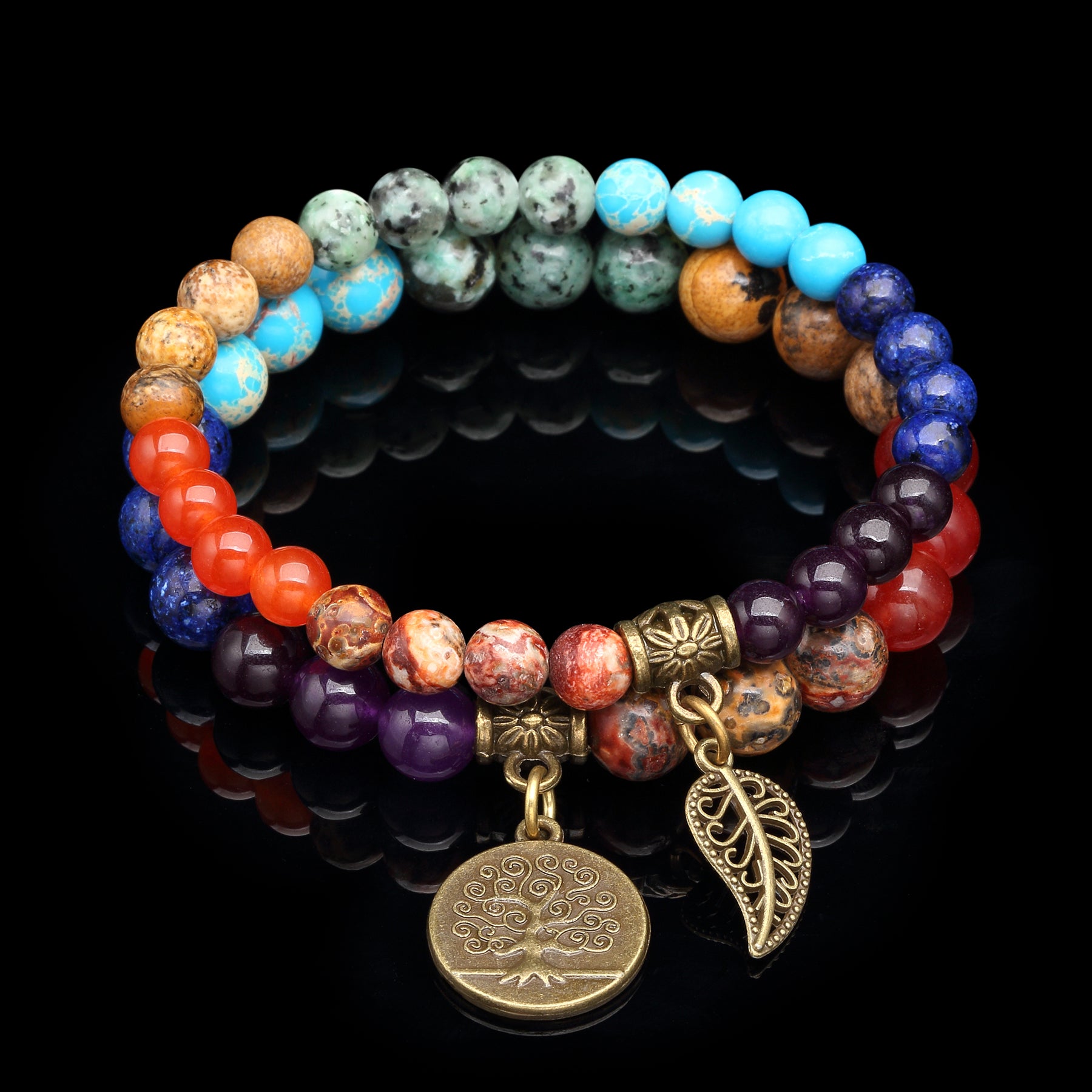 Double-Layered Chakra Beads - Leaf & Tree of Life Charm Bracelet - Buddha & Karma