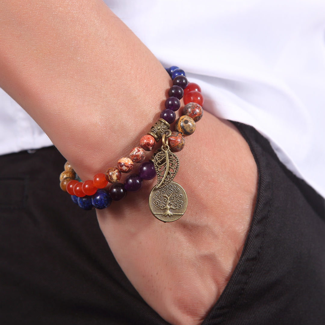 Double-Layered Chakra Beads - Leaf & Tree of Life Charm Bracelet - Buddha & Karma