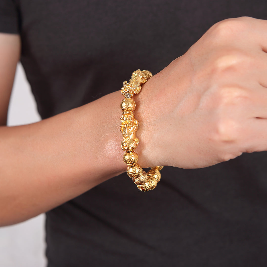 Gold-Colored Copper Pixiu Bracelet - Double Pixiu, Double Your Wealth