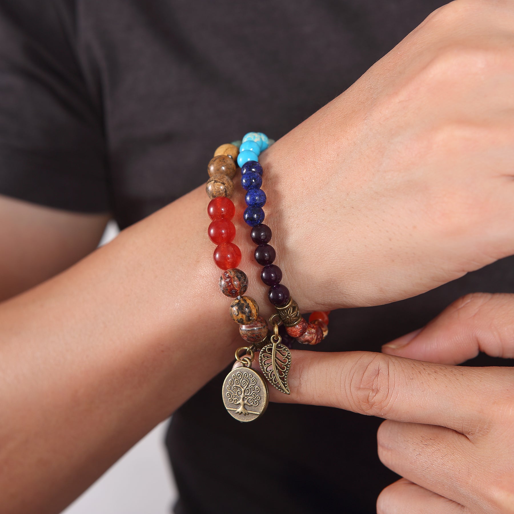 Double-Layered Chakra Beads - Leaf & Tree of Life Charm Bracelet - Buddha & Karma