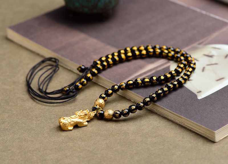 Feng Shui Necklace for Wealth - Black Obsidian Pixiu Necklace - Buddha & Karma