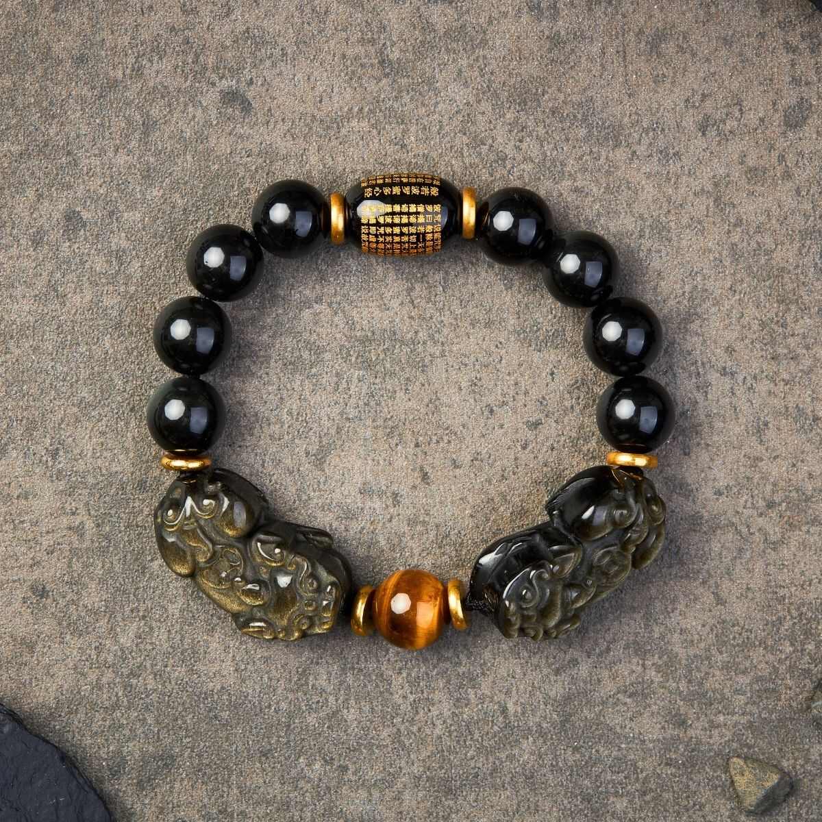 Natural Gold Obsidian Double Pixiu Bracelet - Buddha & Karma