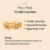 Gold Pixiu charm with benefits on a beige background