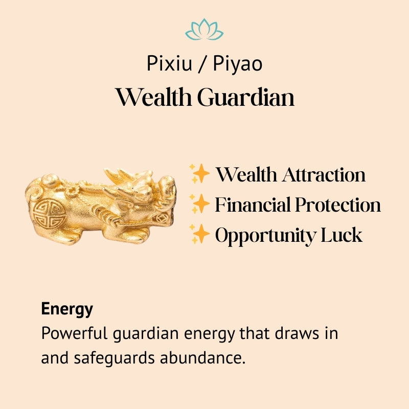 Gold Pixiu charm with benefits on a beige background