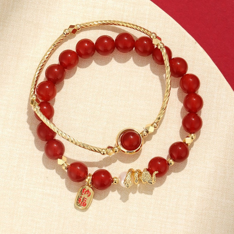 Exclusive: Red Agate Fu Bracelet Set - Buddha & Karma