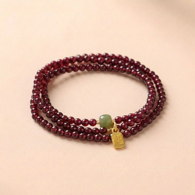 Red Garnet Beads Fu Wealth Bracelet - Buddha & Karma