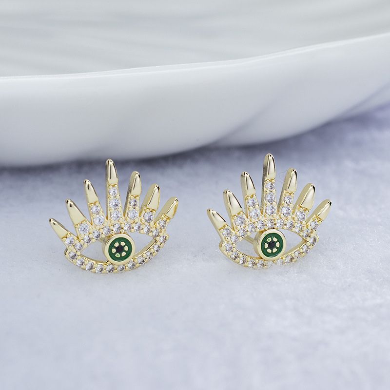 S925 Sterling Silver Green Evil Eye Eyelash-Style Stud Earrings
