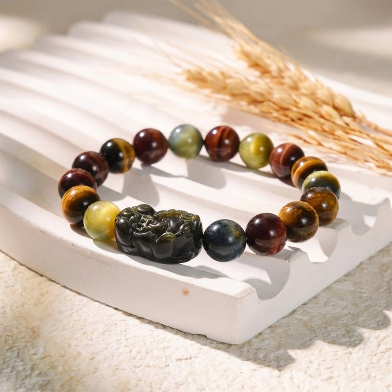 Tri-Color Tiger’s Eye Pixiu Wealth Bracelet