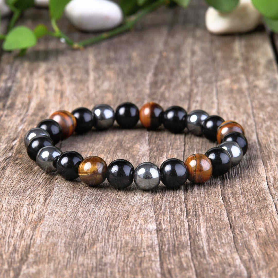 Triple Protection Bracelet - Tiger’s Eye, Obsidian, Hematite - Buddha & Karma