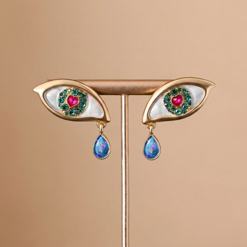 Vintage Style Evil Eye Earrings with Heart-Shaped Rhinestone
