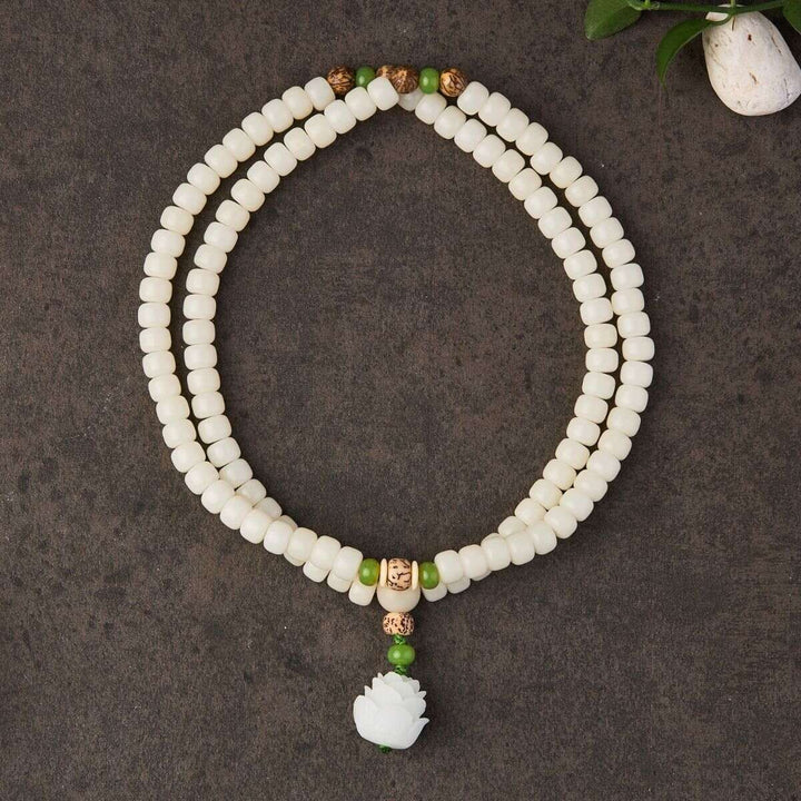 White Jade Bodhi Seed Mala - 108 Beads Bracelet/Necklace - Buddha & Karma