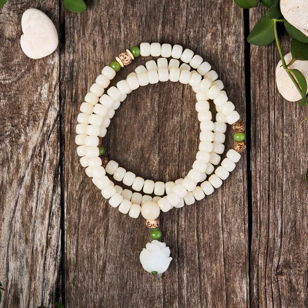 White Jade Bodhi Seed Mala - 108 Beads Bracelet/Necklace - Buddha & Karma