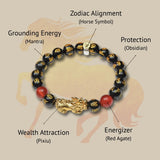 Year of the Fire Horse Wealth Bracelet - Black Obsidian Red Agate Pixiu Bracelet