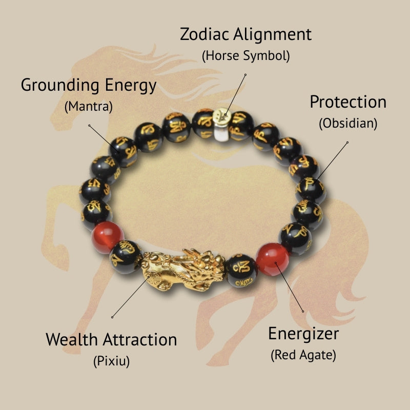 Year of the Fire Horse Wealth Bracelet - Black Obsidian Red Agate Pixiu Bracelet