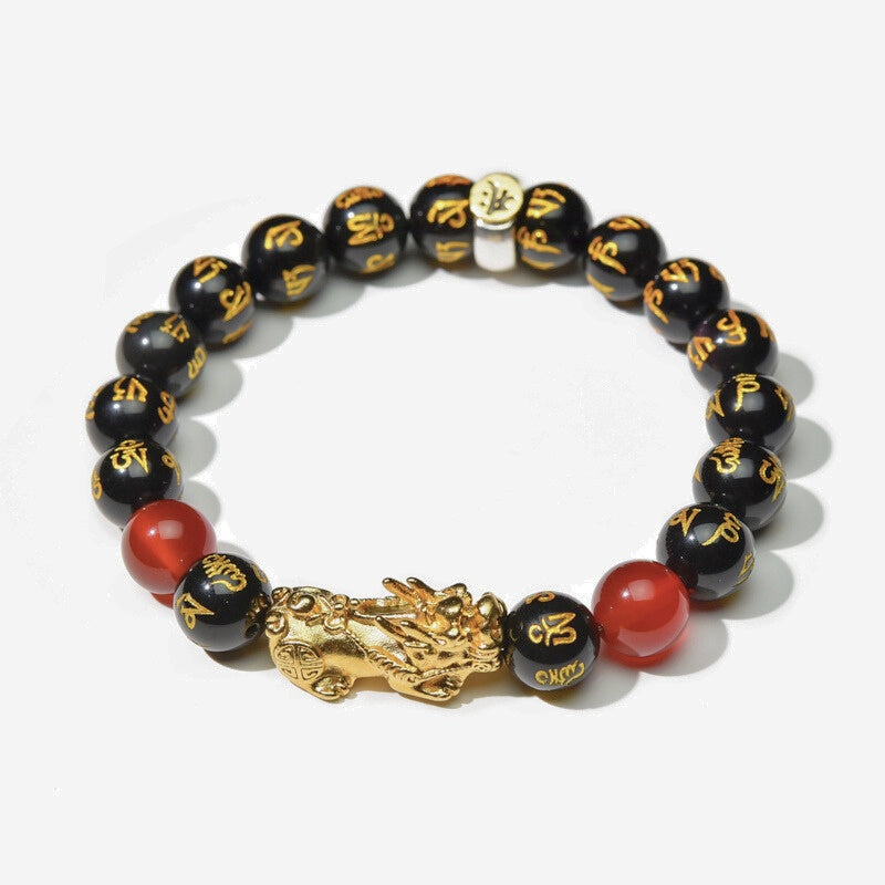Year of the Fire Horse Wealth Bracelet - Black Obsidian Red Agate Pixiu Bracelet