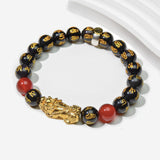 Year of the Fire Horse Wealth Bracelet - Black Obsidian Red Agate Pixiu Bracelet