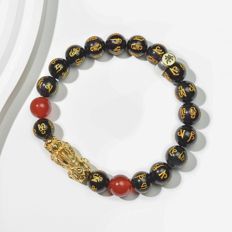 Year of the Fire Horse Wealth Bracelet - Black Obsidian Red Agate Pixiu Bracelet
