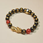 Year of the Fire Horse Wealth Bracelet - Black Obsidian Red Agate Pixiu Bracelet