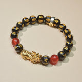 Year of the Fire Horse Wealth Bracelet - Black Obsidian Red Agate Pixiu Bracelet