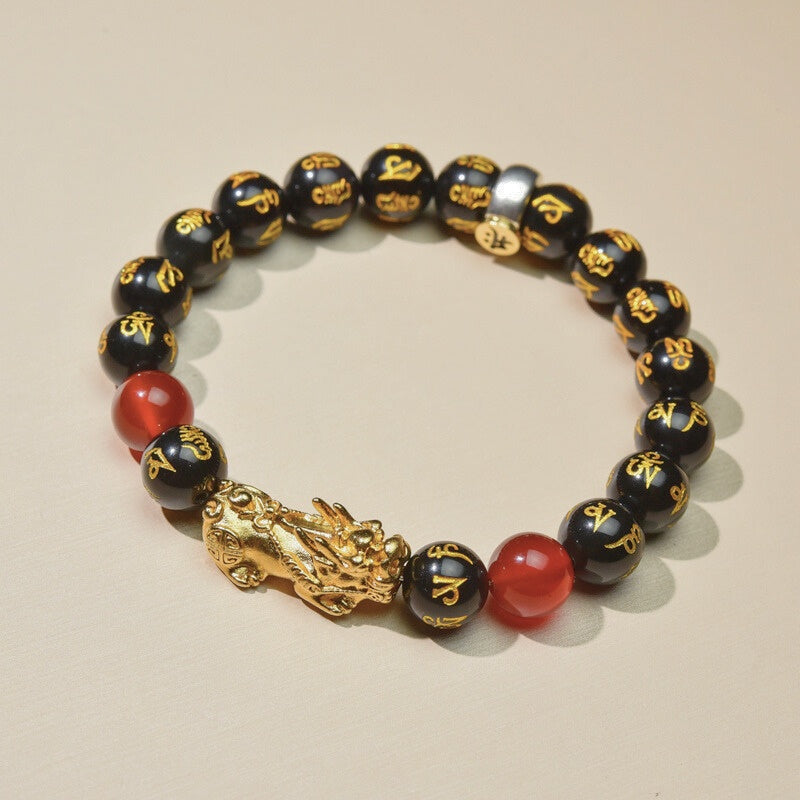 Year of the Fire Horse Wealth Bracelet - Black Obsidian Red Agate Pixiu Bracelet