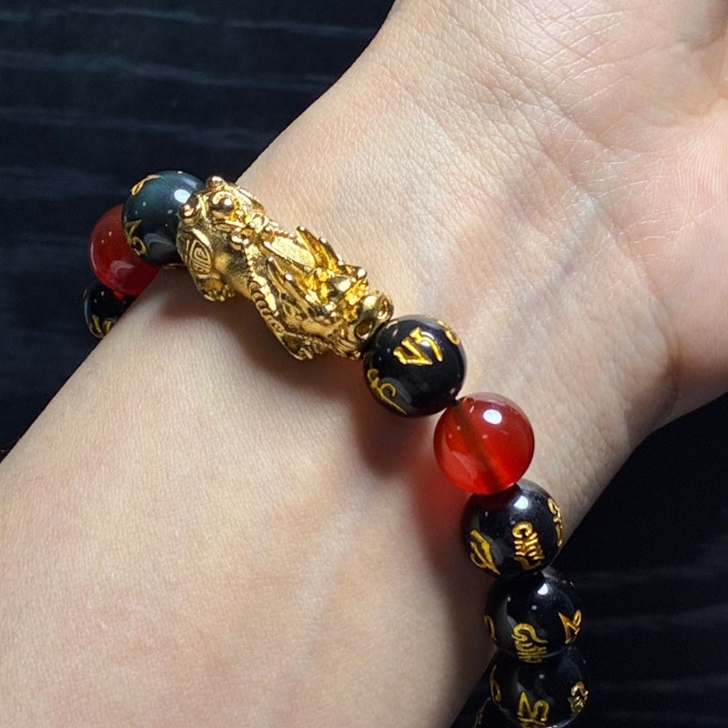 Year of the Fire Horse Wealth Bracelet - Black Obsidian Red Agate Pixiu Bracelet