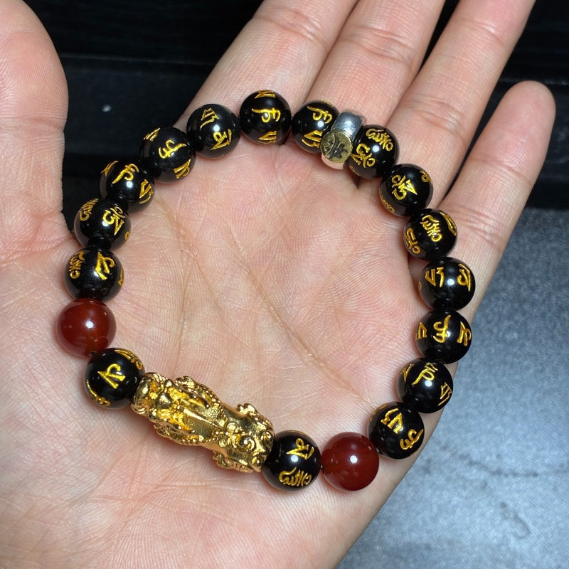 Year of the Fire Horse Wealth Bracelet - Black Obsidian Red Agate Pixiu Bracelet