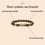 Black obsidian Pixiu bracelet meaning: protective black obsidian, fortune beast Pixiu and carved mantra beads