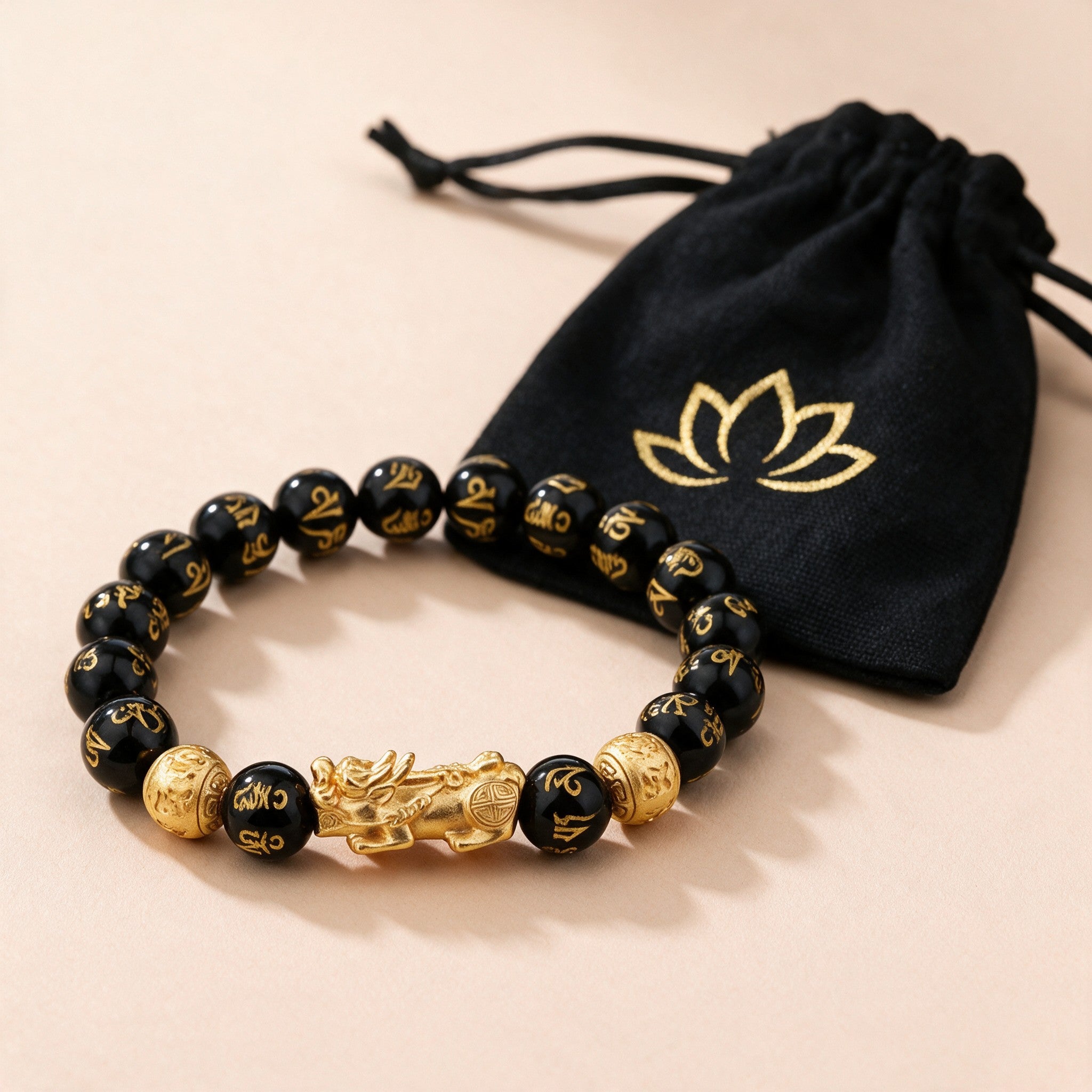 Feng Shui Pixiu black obsidian bracelet with the black lotus drawstring pouch it arrives in