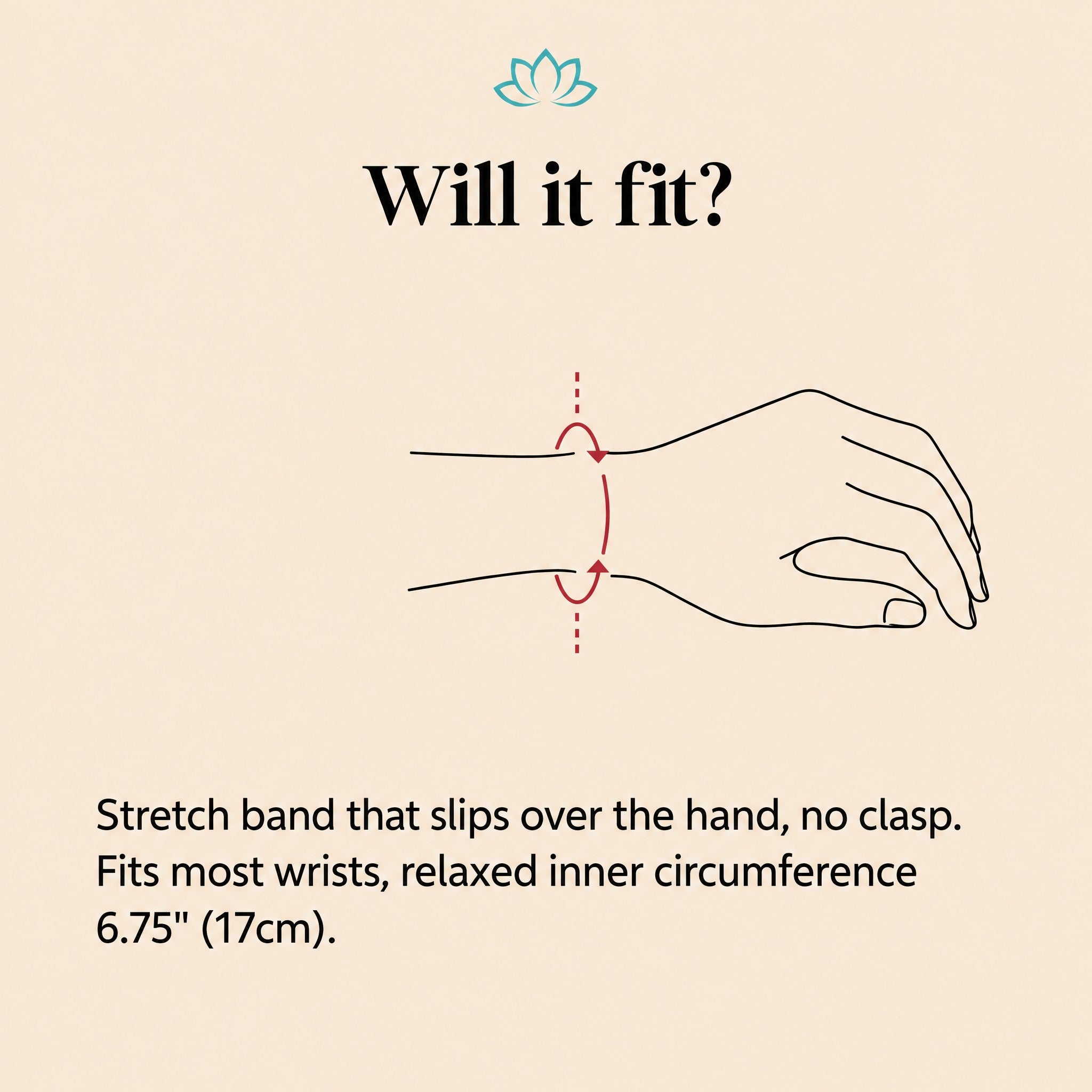 Feng Shui Pixiu bracelet size guide: stretch band that slips over the hand, relaxed inner circumference 6.75 inches (17cm)