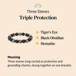 Triple protection bracelet meaning: tiger's eye, black obsidian and hematite, three stones long carried as protective and grounding charms