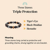 Triple protection bracelet meaning: tiger's eye, black obsidian and hematite, three stones long carried as protective and grounding charms