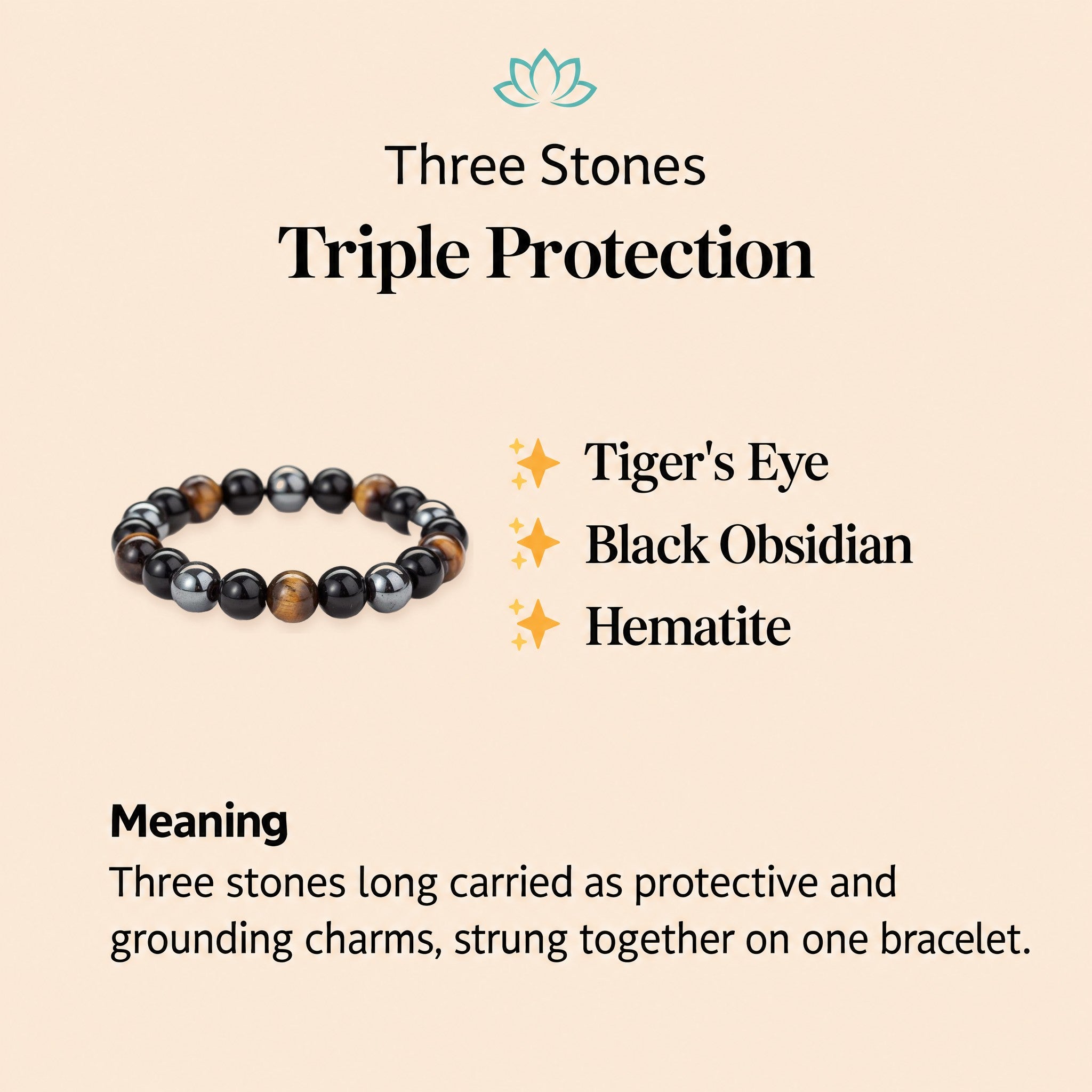 Triple protection bracelet meaning: tiger's eye, black obsidian and hematite, three stones long carried as protective and grounding charms