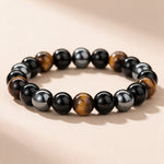 Triple protection bracelet full view: tiger's eye, black obsidian and hematite 10mm beads on an elastic band