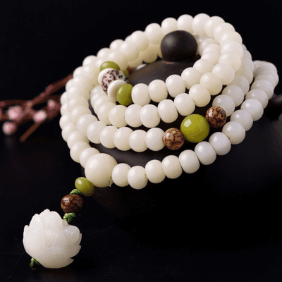 White Jade Bodhi Seed Mala - 108 Beads Bracelet/Necklace - Buddha & Karma