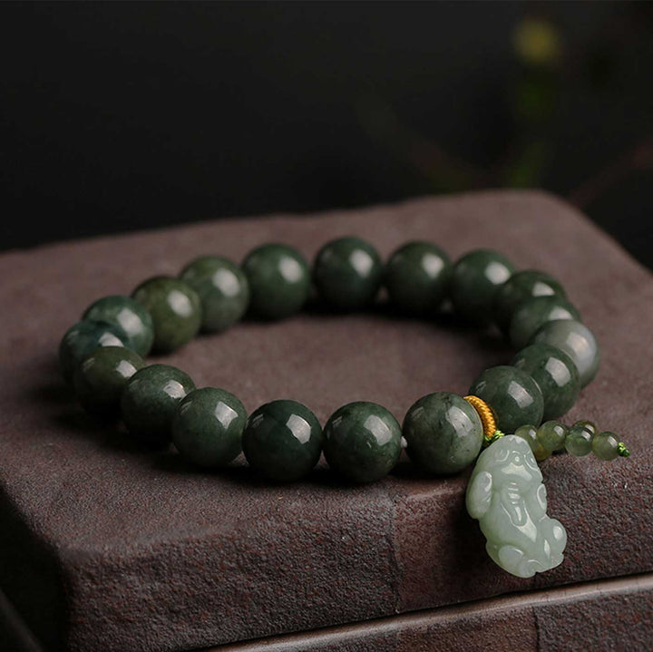 Green Jade Bracelet with Pixiu - Invite Wealth & Calming Energies - Buddha & Karma