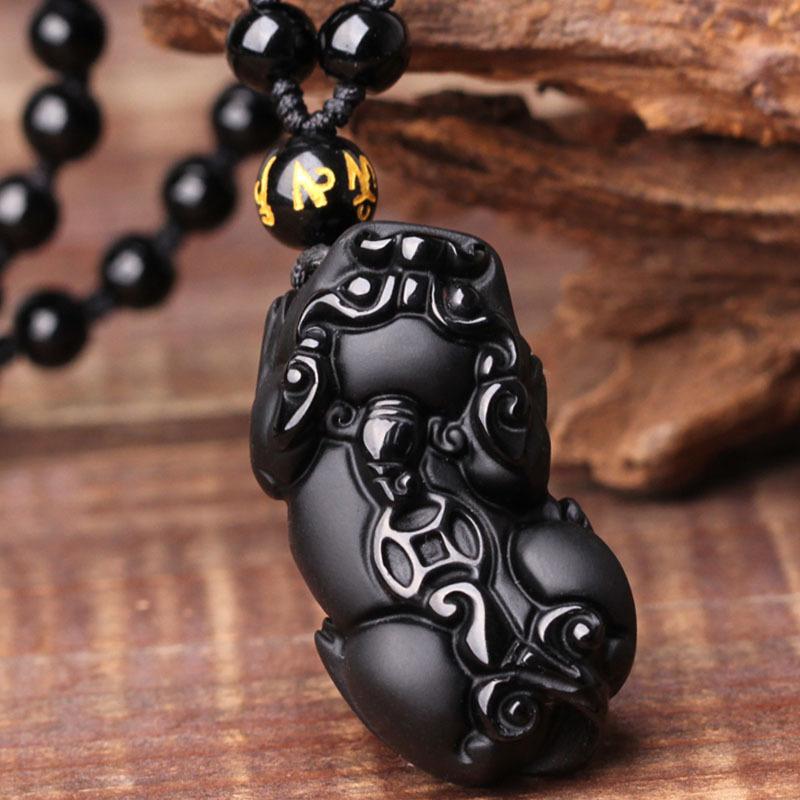 Black Obsidian Pixiu Necklace - Wealth Protection - Buddha & Karma