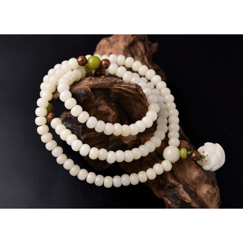 White Jade Bodhi Seed Mala - 108 Beads Bracelet/Necklace - Buddha & Karma