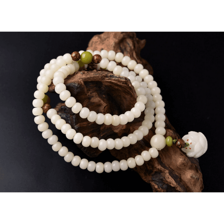 White Jade Bodhi Seed Mala - 108 Beads Bracelet/Necklace - Buddha & Karma