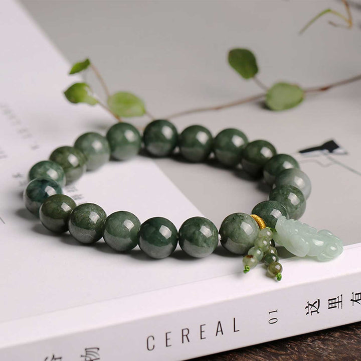 Green Jade Bracelet with Pixiu - Invite Wealth & Calming Energies - Buddha & Karma