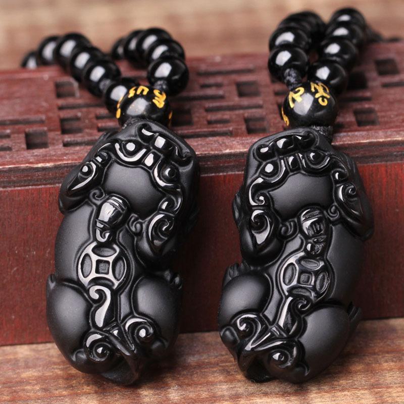 Black Obsidian Pixiu Necklace - Wealth Protection - Buddha & Karma