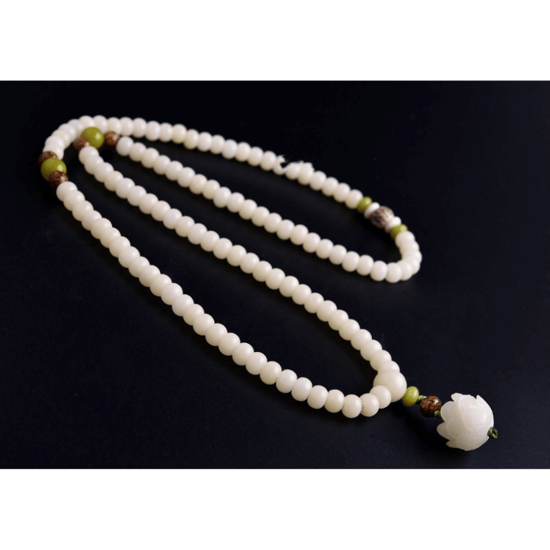 White Jade Bodhi Seed Mala - 108 Beads Bracelet/Necklace - Buddha & Karma