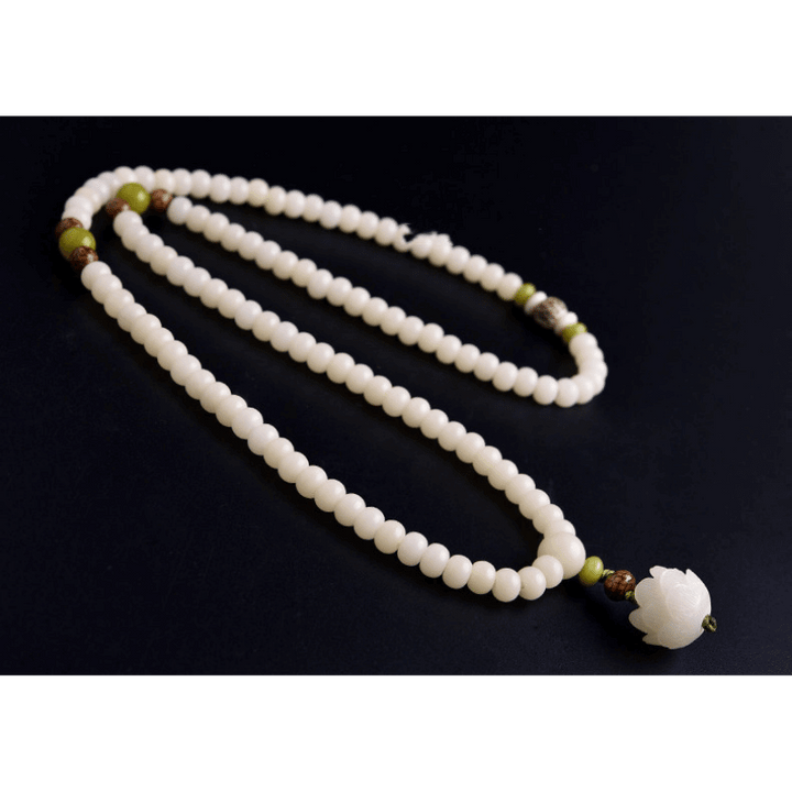 White Jade Bodhi Seed Mala - 108 Beads Bracelet/Necklace - Buddha & Karma