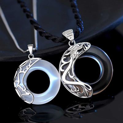 Dragon & Phoenix Couple Necklace - Obsidian & Opal Pendants for Protection - Buddha & Karma