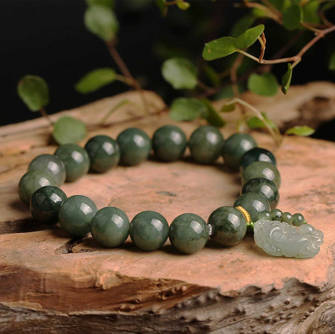 Green Jade Bracelet with Pixiu - Invite Wealth & Calming Energies - Buddha & Karma